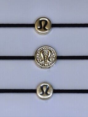 Lululemon 3 Elastic Hair Tie Set Gold Logo Charms Sparkly Braclet Zipper Pull